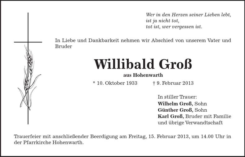 Traueranzeige Willibald Groß