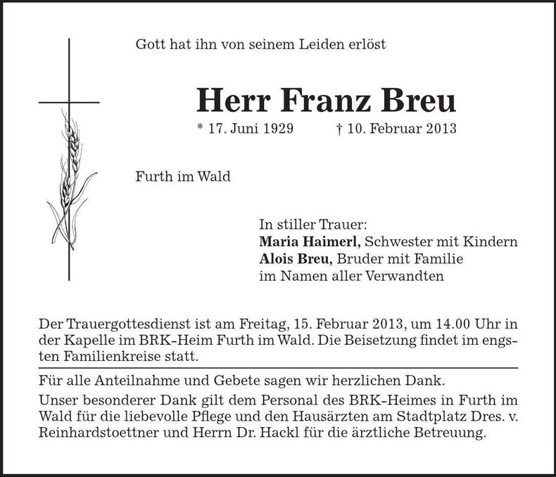 Traueranzeige Franz Breu