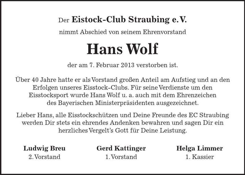 Traueranzeige Hans Wolf