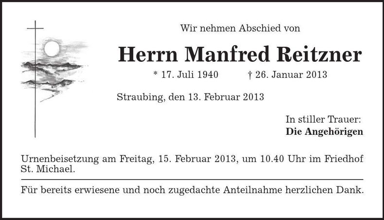 Traueranzeige Manfred Reitzner