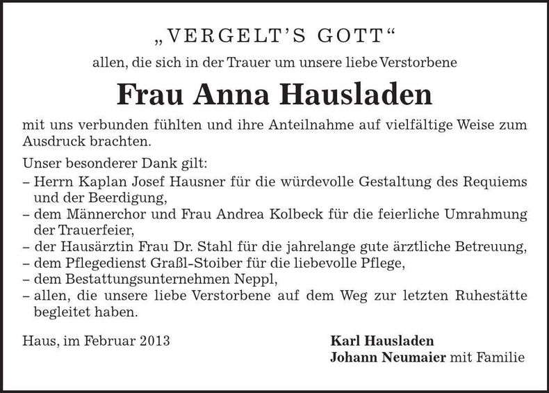 Traueranzeige Anna Hausladen