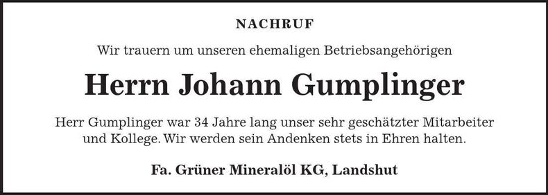 Traueranzeige Johann Gumplinger