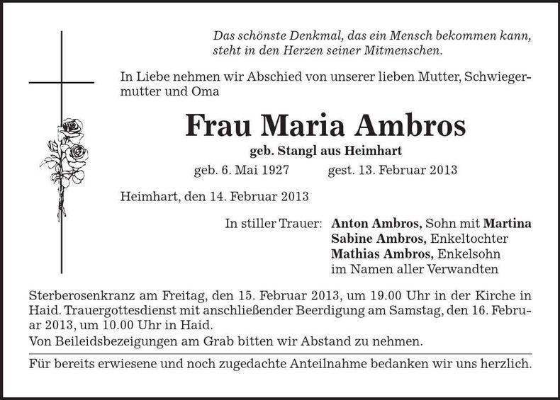 Traueranzeige Maria Ambros