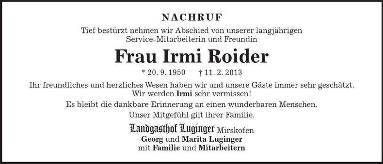 Traueranzeige Irmi Roider