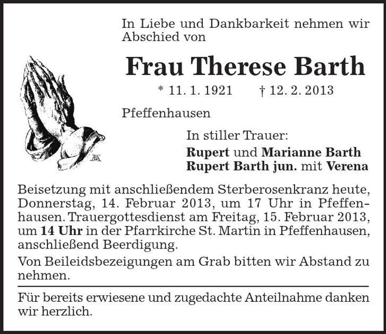Traueranzeige Therese Barth