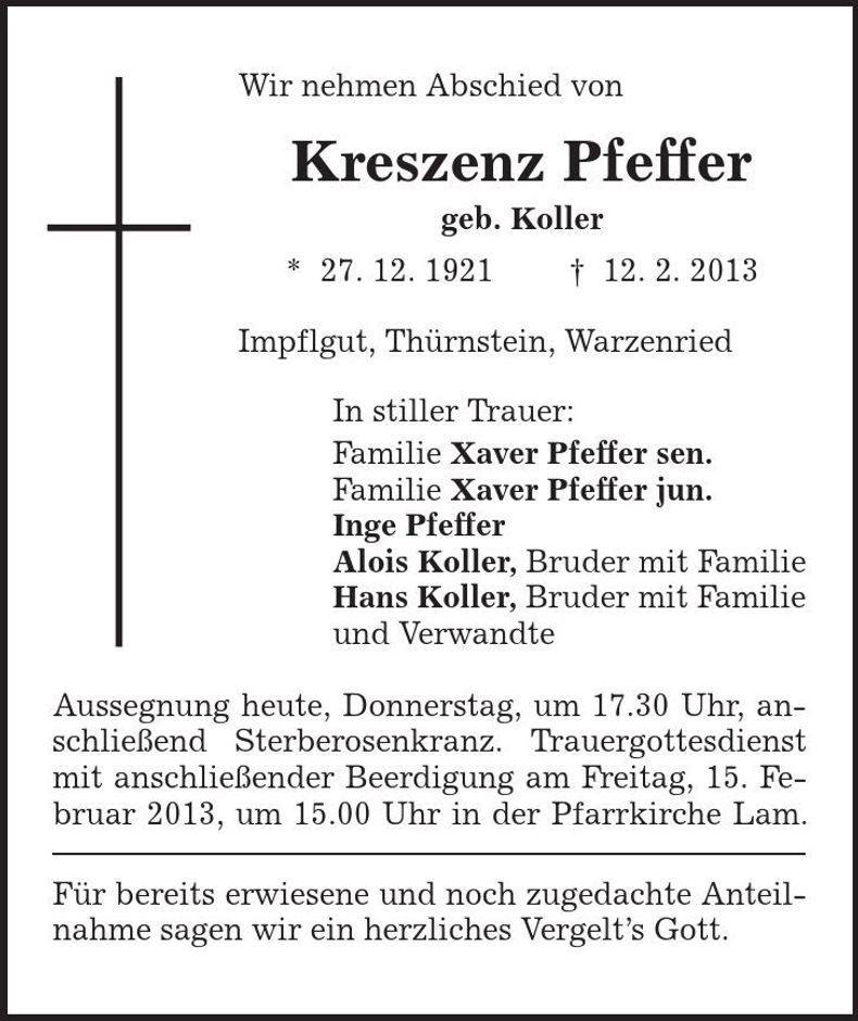 Traueranzeige Kreszenz Pfeffer