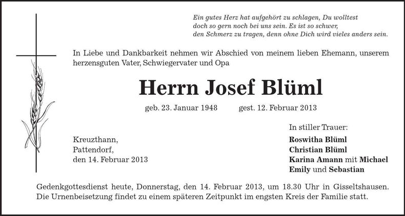 Traueranzeige Josef Blüml