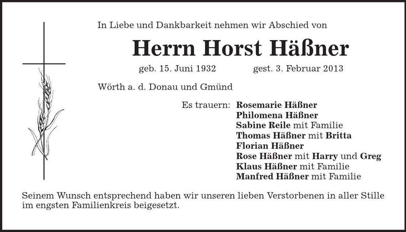 Traueranzeige Horst Häßner