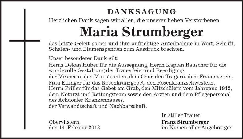 Traueranzeige Maria Strumbnerger