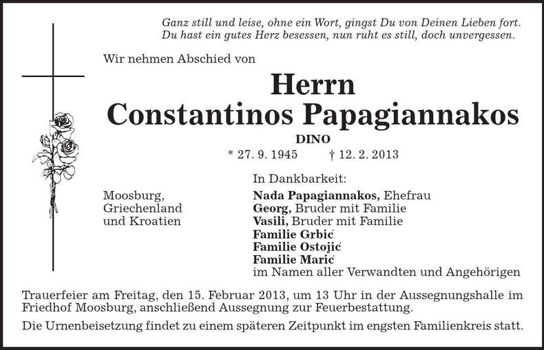 Traueranzeige Constantinos Papagiannakos