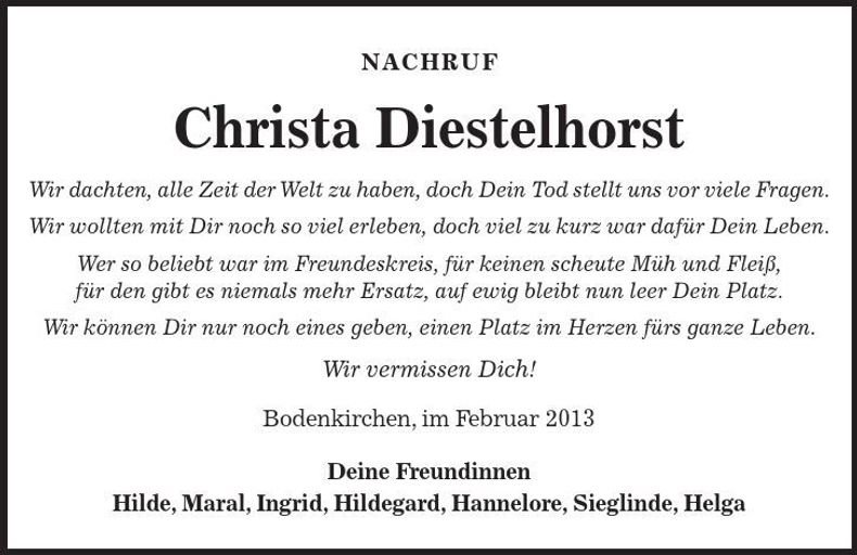 Traueranzeige Christa Distelhorst