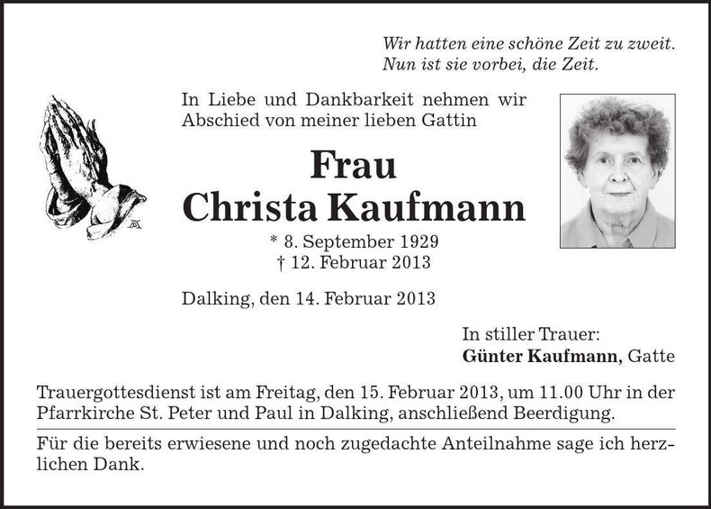 Traueranzeige Christa Kaufmann