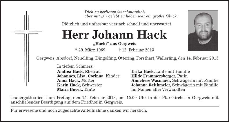 Traueranzeige Johann Hack