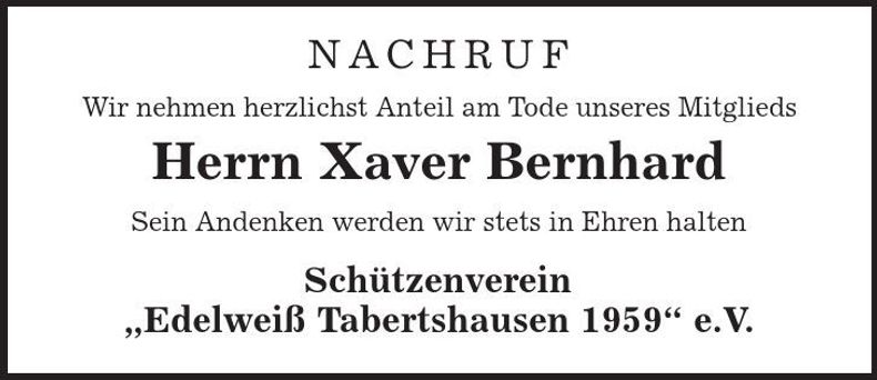 Traueranzeige Xaver Berhard