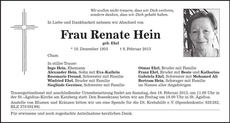 Traueranzeige Renate Hein