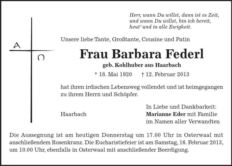 Traueranzeige Barbara Federl