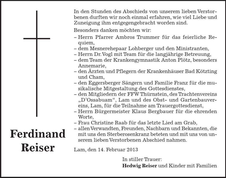 Traueranzeige Ferdinand Reiser