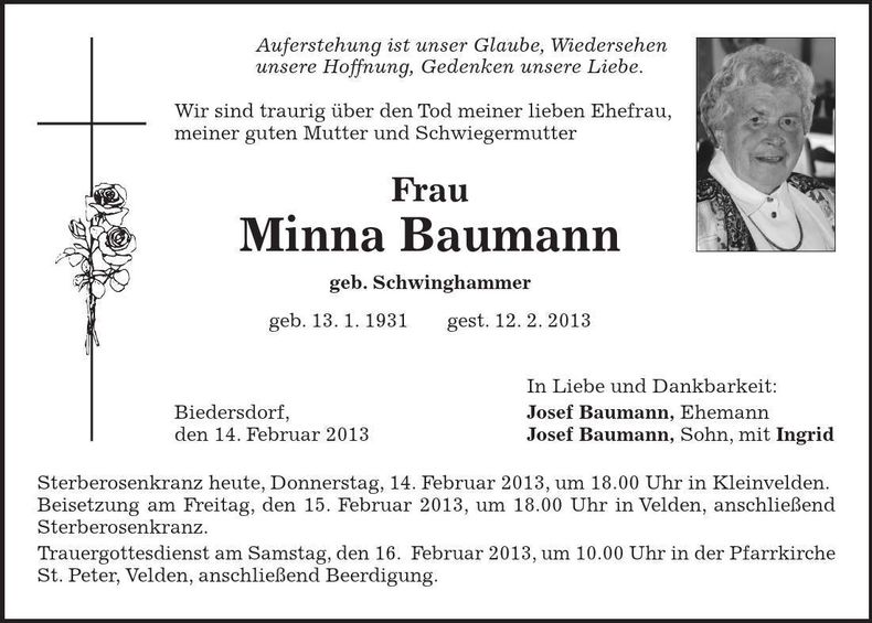 Traueranzeige Minna Baumann