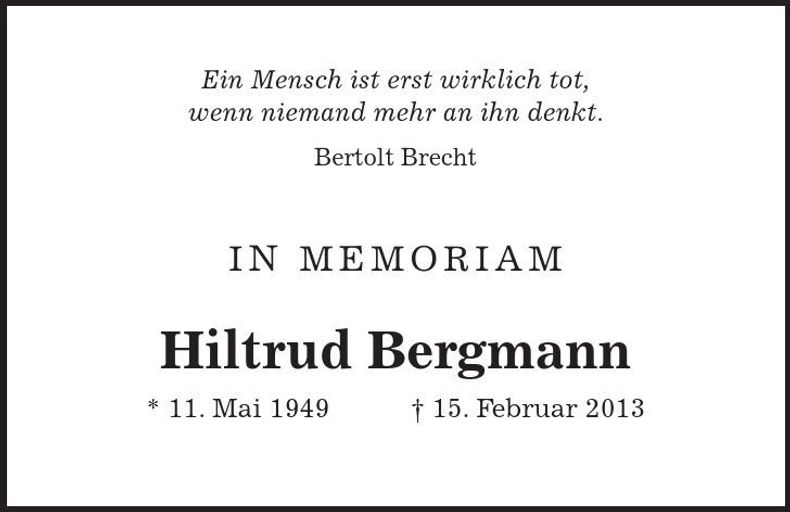 Traueranzeige Hiltrud Bergmann