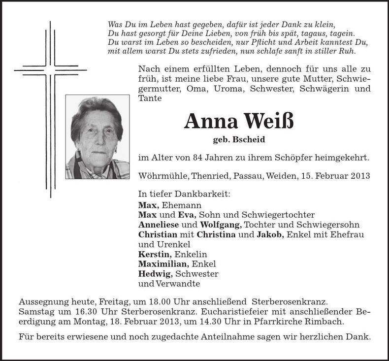 Traueranzeige Anna Weiß