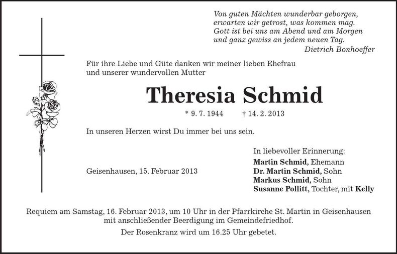 Traueranzeige Theresia Schmid