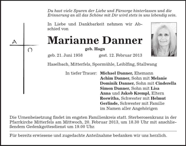 Traueranzeige Marianne Danner