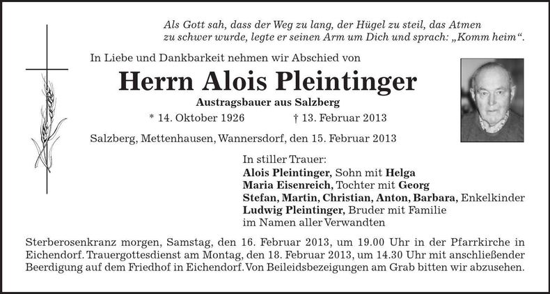 Traueranzeige Alois Pleintinger