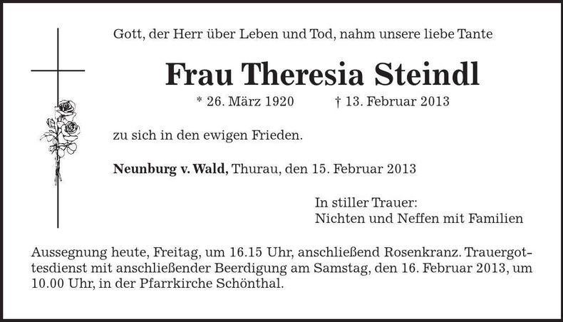 Traueranzeige Theresia Steindl