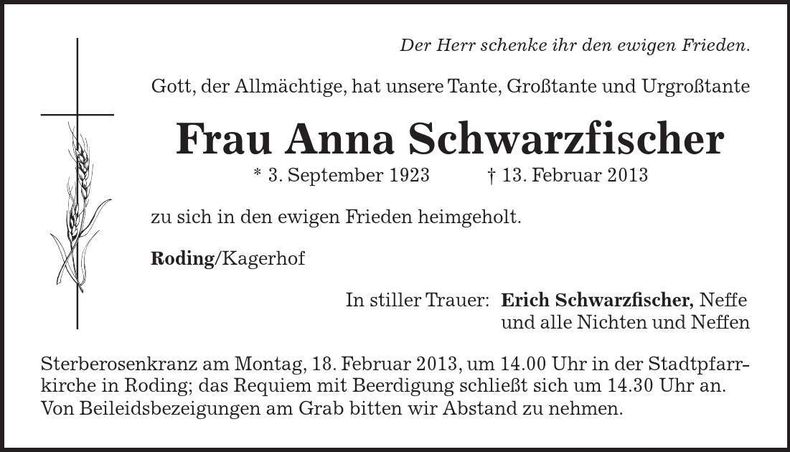 Traueranzeige Anna Schwarzfischer
