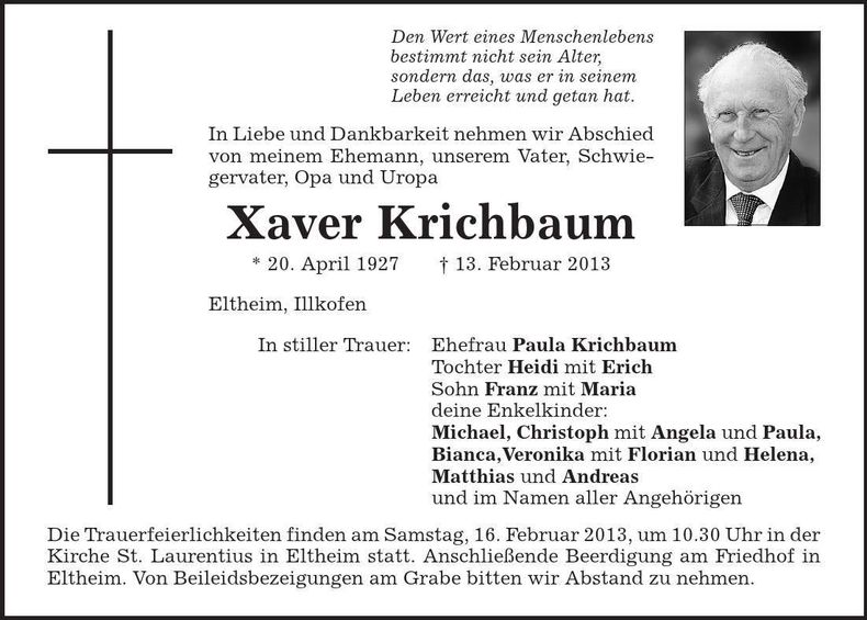 Traueranzeige Xaver Krichbaum