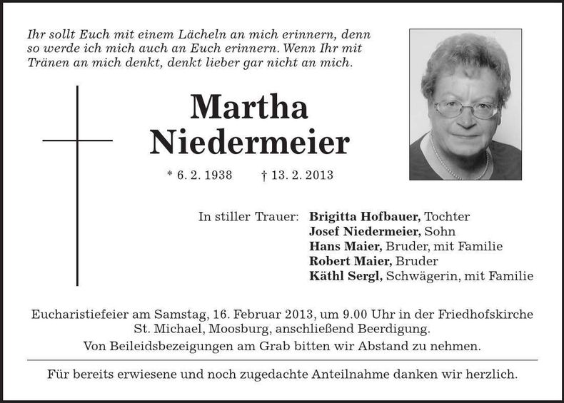 Traueranzeige Martha Niedermeier