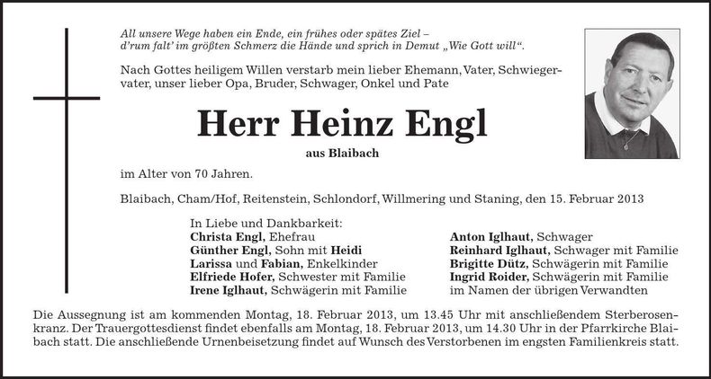 Traueranzeige Heinz Engl