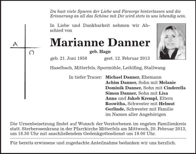 Traueranzeige Marianne Danner