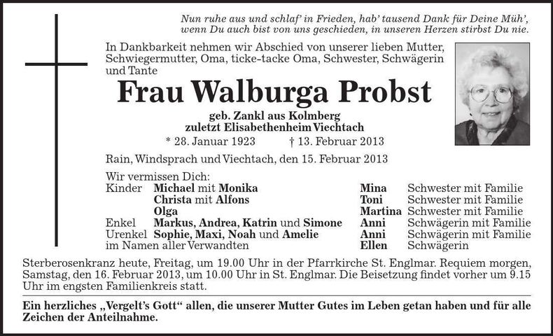 Traueranzeige Walburga Probst
