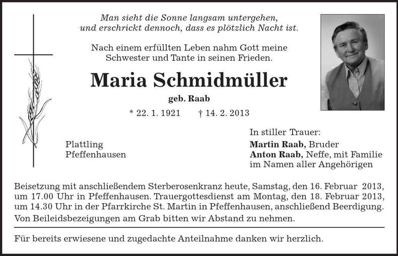 Traueranzeige Maria Schmidmüller