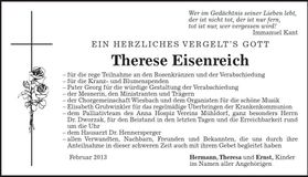 Traueranzeige Therese Eisenreich
