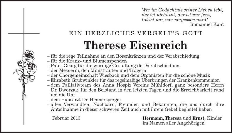 Traueranzeige Therese Eisenreich
