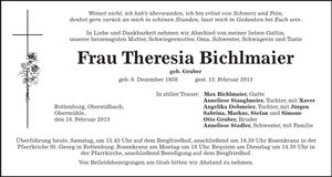 Traueranzeige Theresia Bichlmaier