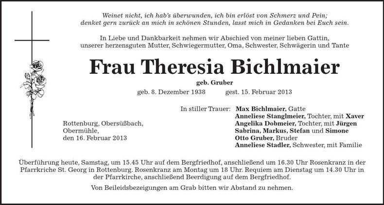 Traueranzeige Theresia Bichlmaier