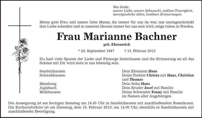 Traueranzeige Marianne Bachner