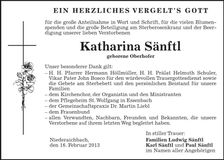Traueranzeige Katharina Sänftl