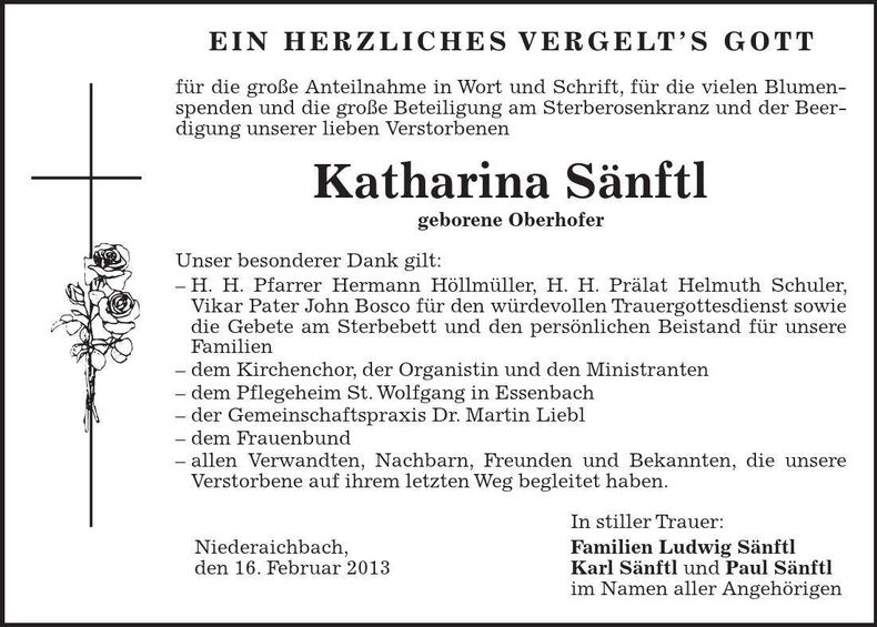 Traueranzeige Katharina Sänftl