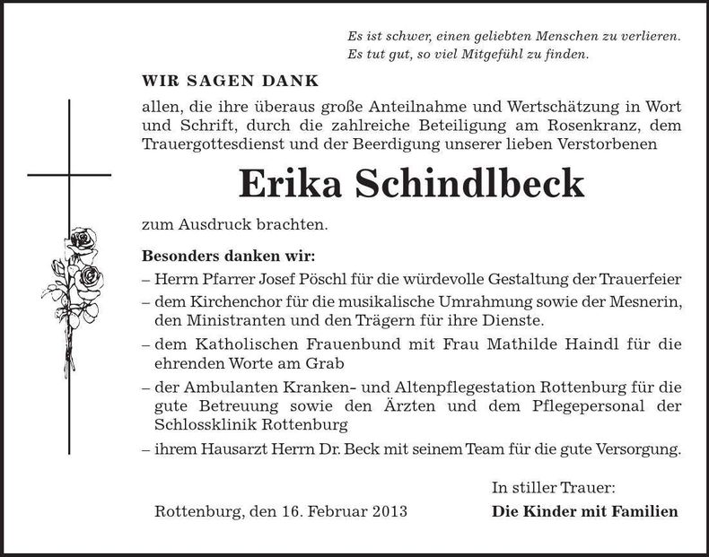 Traueranzeige Erika Schindlbeck