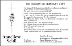 Traueranzeige Anneliese Seidl
