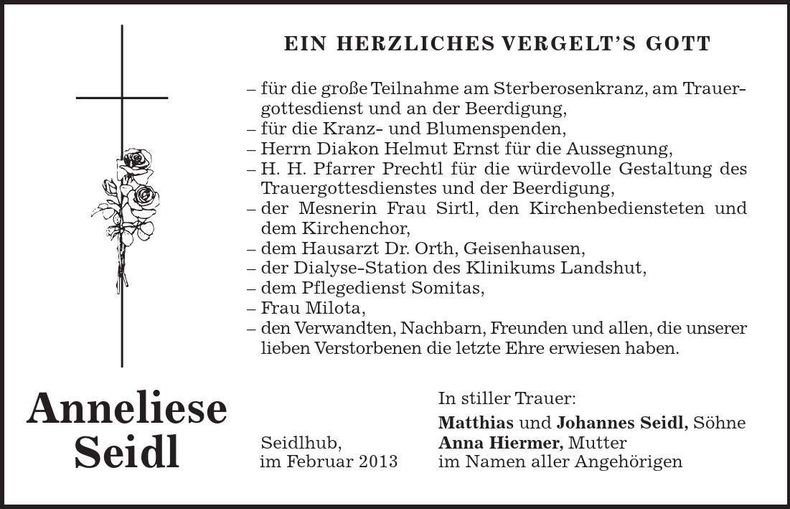 Traueranzeige Anneliese Seidl