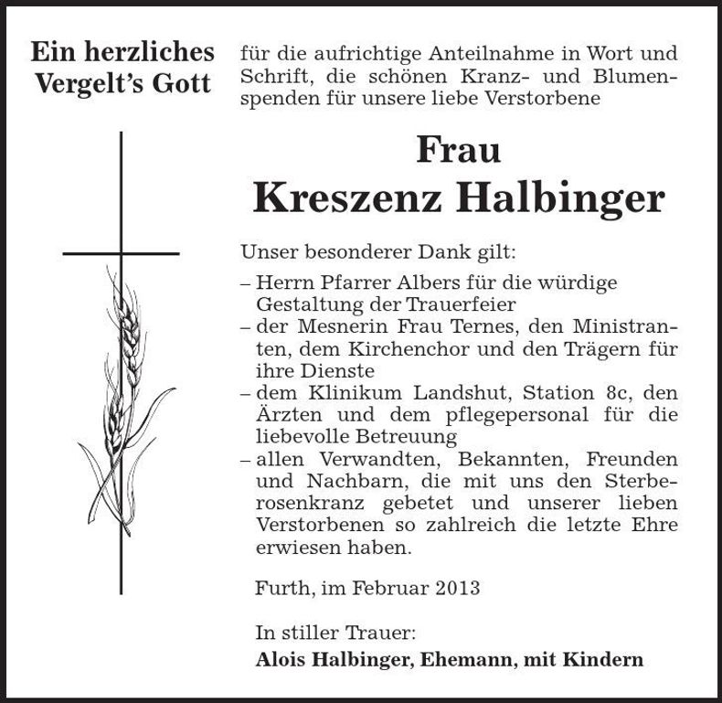 Traueranzeige Kreszenz Halbinger