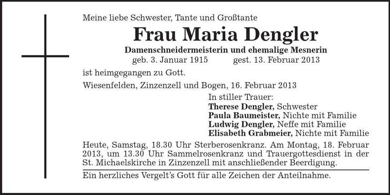 Traueranzeige Maria Dengler