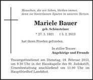 Traueranzeige Mariele Bauer