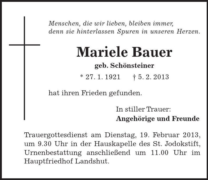 Traueranzeige Mariele Bauer