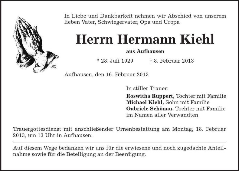 Traueranzeige Hermann Kiehl